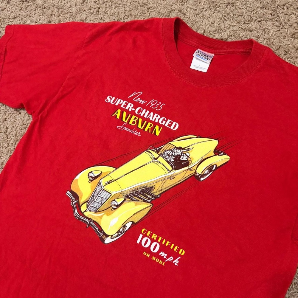 Gildan Auburn Speedster 1935 Car Graphic T-Shirt Mens Large Red Ultra Cotton Tee